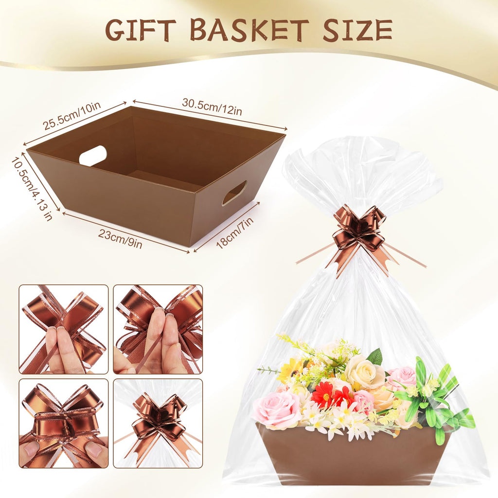 10PACK Baskets for Gifts Empty, 10x12"Thick Brown Gift Basket with Handles 10 Bows 10 Bags Empty Gift Baskets for