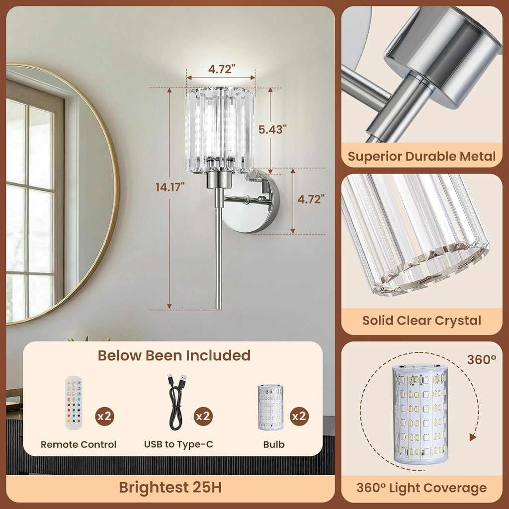 2-Pack Crystal Battery Operated Wall Sconces, Chrome Rechargeable Wireless Wall Sconce Lights with Dimmable Bulbs and