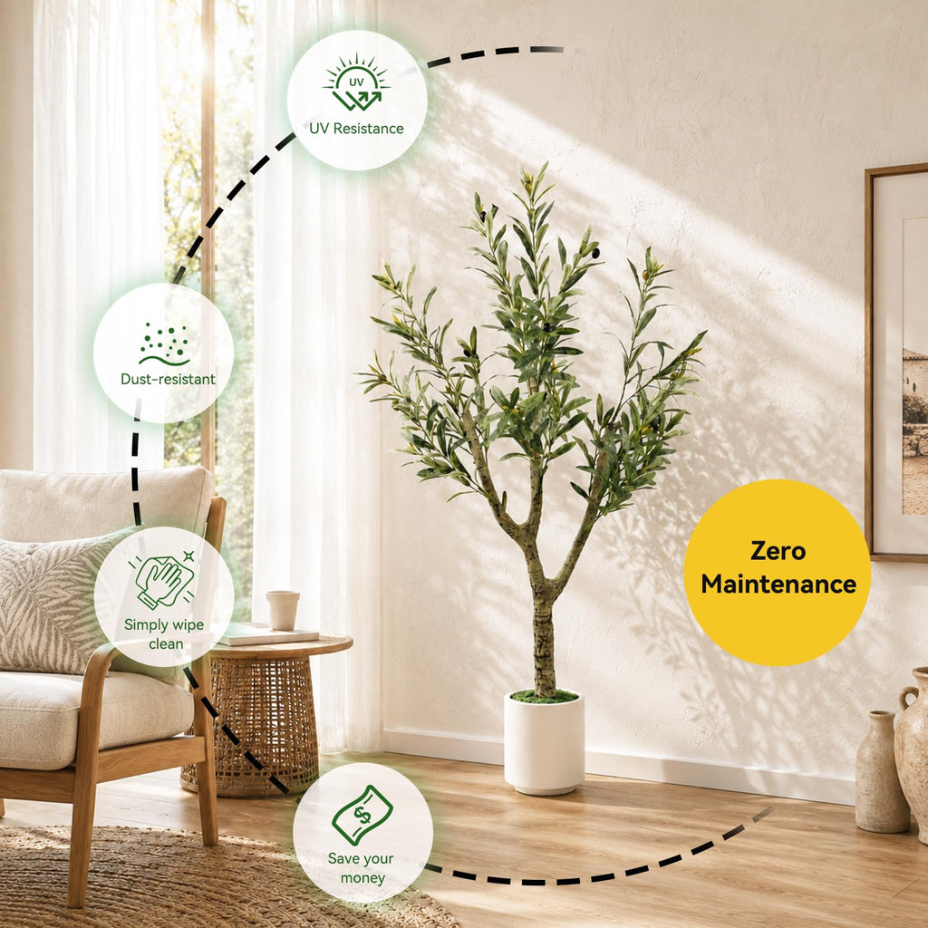 Olive Trees Artificial Indoor, 4ft Tall Olive Tree with White Planter, Faux olive tree with Natural Wood Trunk &