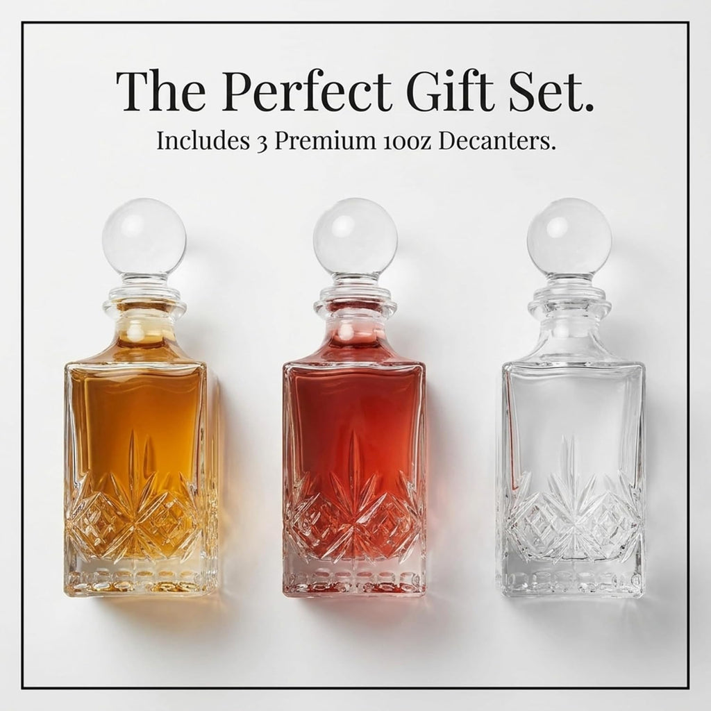 Mini Whiskey Decanter Barware Set - Dublin Crystal Collection for Liquor Whisky Vodka or Wine - 10oz - Set of 3