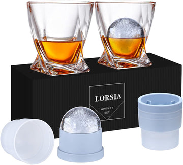 Whiskey Rocks Glass, Set of 4 (2 Crystal Bourbon Glasses, 2 Round Big Ice Ball Molds) In Gift Box - 11 Oz Old