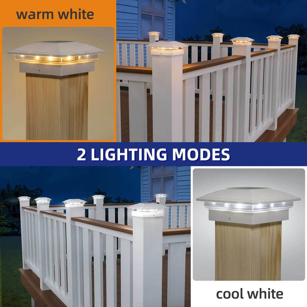 Solar Post Cap Lights - 12 Pack Outdoor Waterproof for 4x4, 5x5, 6x6 Posts, 2 Modes Warm/Cool Light, Solar Powered