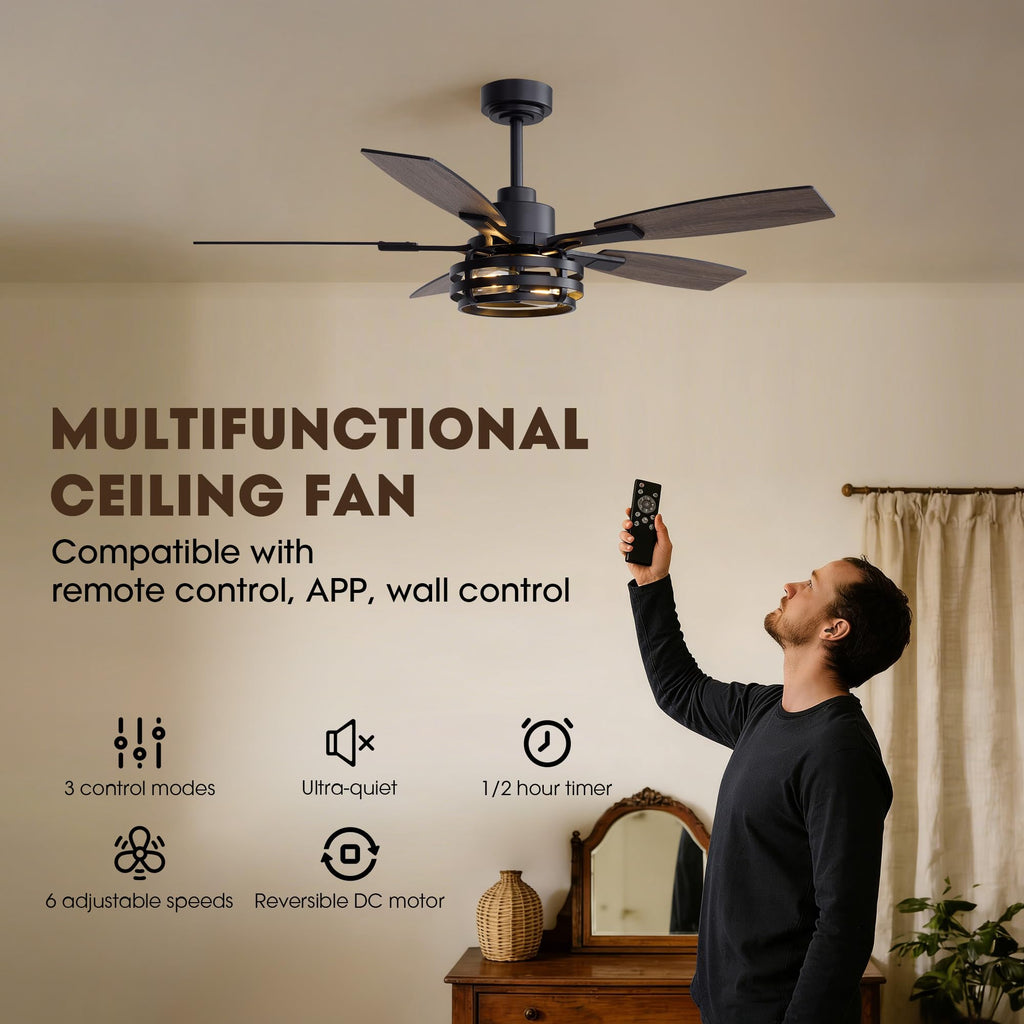 52 Inch Farmhouse Ceiling Fan with Lights, Rustic Ceiling Fan with Remote Control, Quiet Reversible Motor, Black