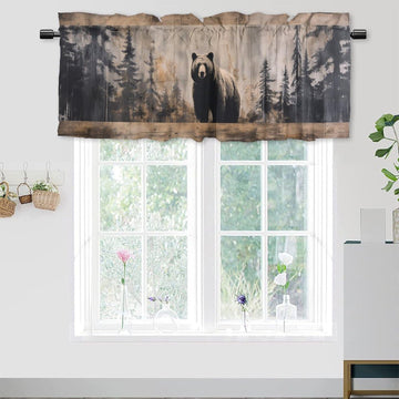 Rustic Cabin Valance Curtains - Blackout Funny Bear Forest on Brown Wooden Board - Rod Pocket Window Decor 54 by 18