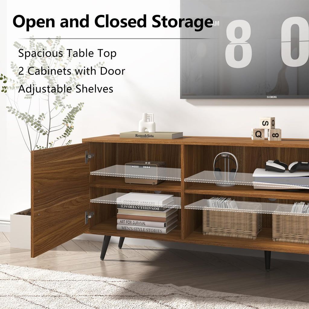 70 Inch Mid Century Modern TV Stand for 75 Inch TV, Wood TV Stand with Storage, Entertainment Center Bedroom, TV