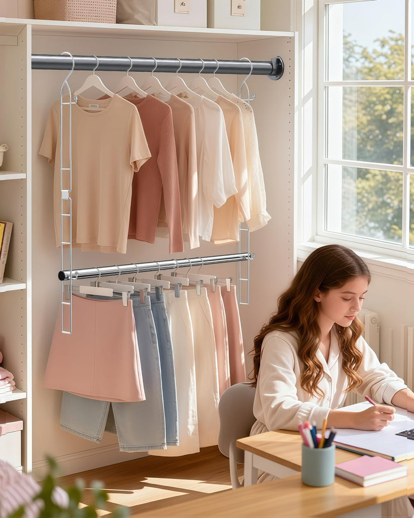 Hanging Closet Rod with Side Hooks, Adjustable Height & Width