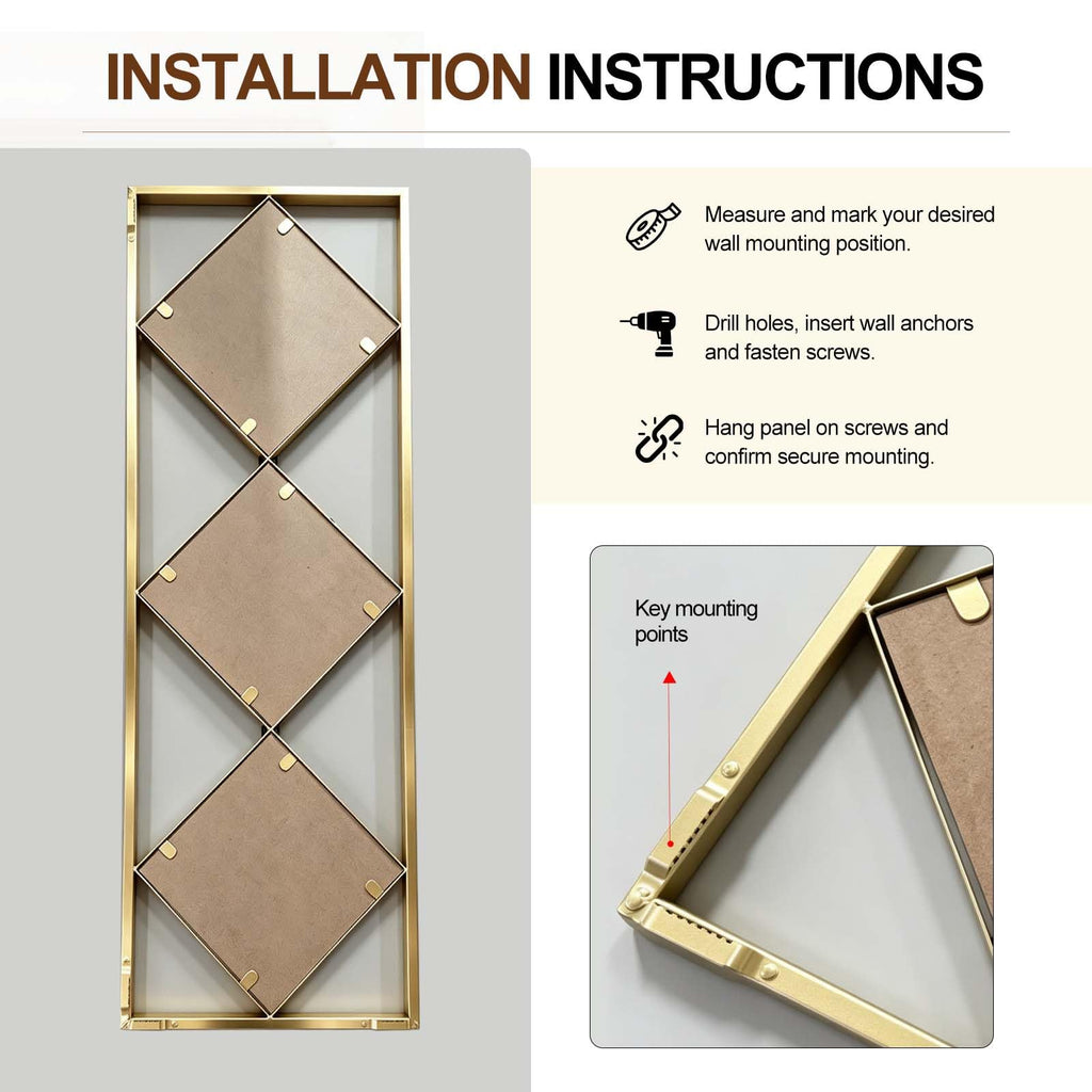 Set of 3 Gold Wall Mirrors, Large Geometric Decorative Mirrors with Metal Frames, Diamond Pattern Wall Mirror Decor