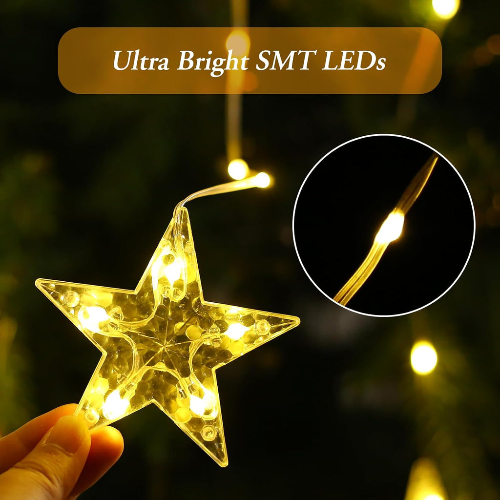 Star Christmas Window Lights, 76 LEDs 9 Stars Curtain Lights Battery Operated with Timer, 8 Mode Xmas Hanging Window