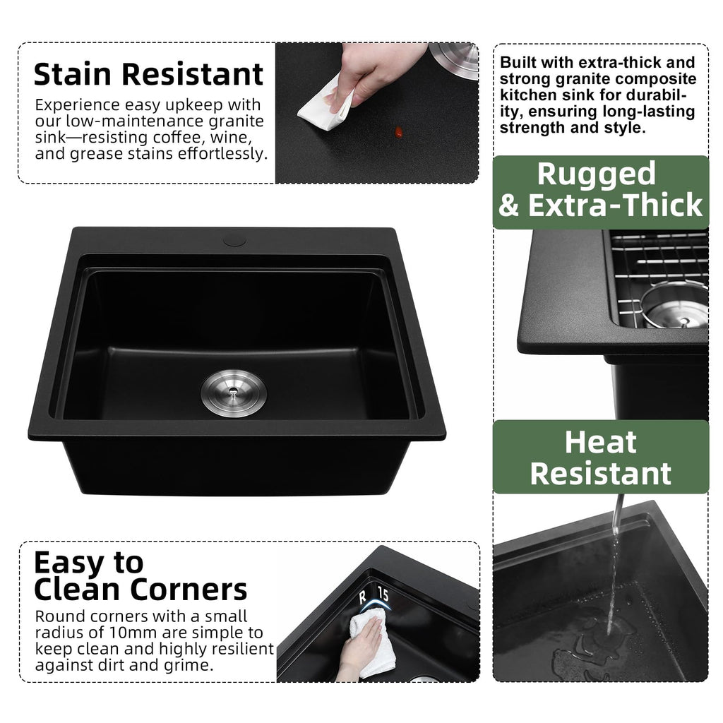 22 Inch Matte Black Granite Drop Sink Workstation