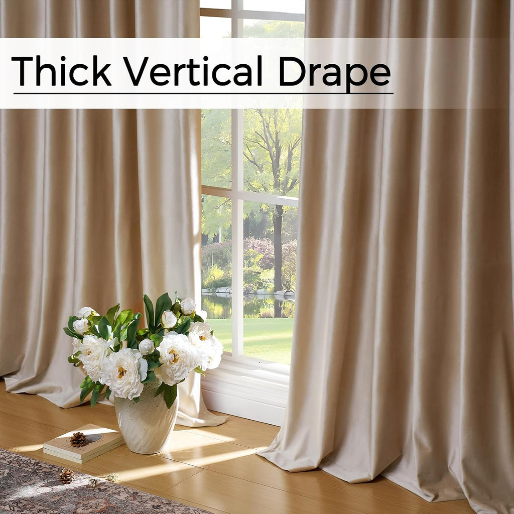 Beige Champagne Velvet Curtains 84 Inch: Pinch Pleated 2 Panels Luxury Living Room Darkening Thermal Insulated Drape