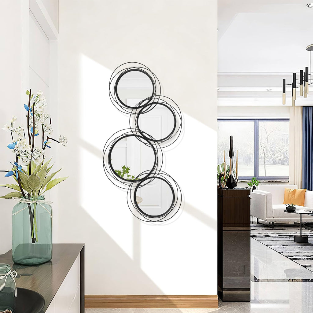 Round Decorative Wall Mirror, Black 4 Pcs Circle Modern Mirror Wall Art Ring Metal Mirrors Wall Mounted Bedroom