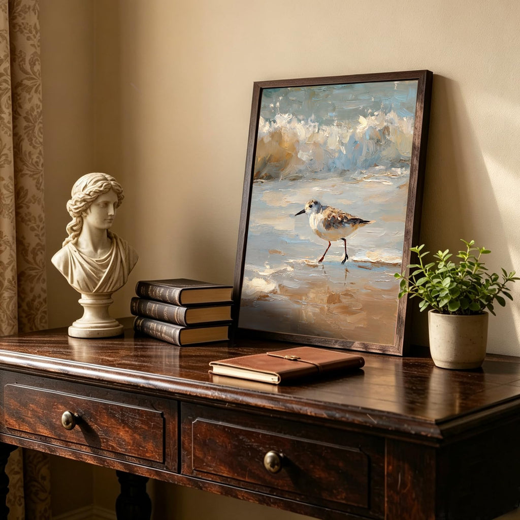 Vintage Framed Coastal Wall Art, Impressionist Sandpiper Bird Canvas Painting, Rustic Beach Ocean Wall Decor Bedroom