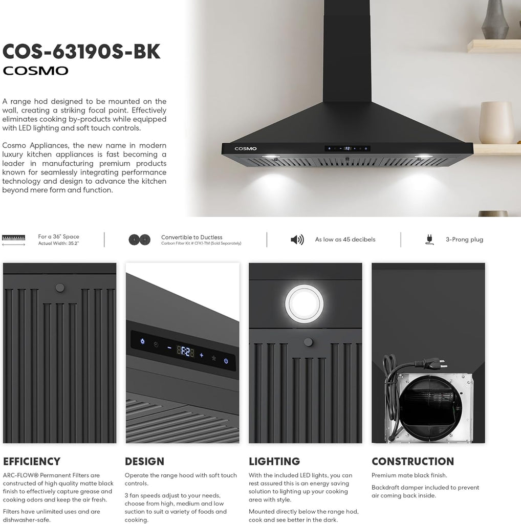 Stainless Steel Wall Mount Range Hood 380 CFM 3 Speed Push Button Control, LED Lights Ducted