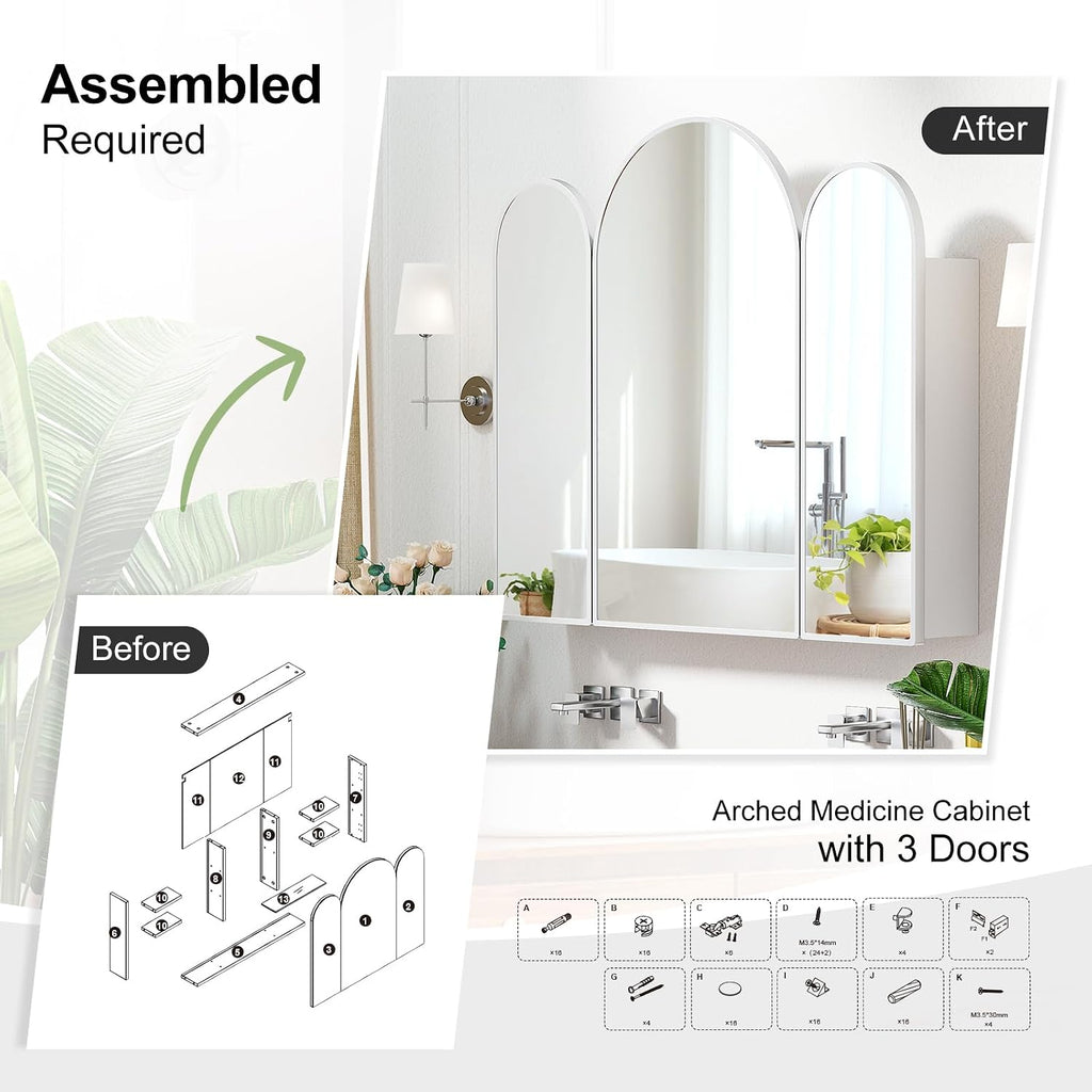 Triple Arched Brushed Nickel Medicine Cabinet,Medicine Cabinet with Mirror,3 Doors,Surface Mount Bathroom Mirror
