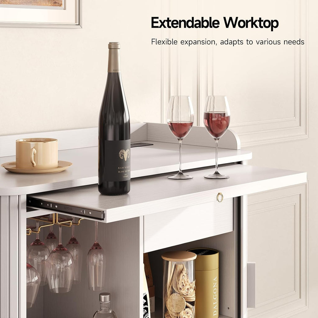 Fluted Bar Cabinet with Storgae, Wine Cabinet, 33" H, White | Coffee Bar Cabinet, Liquor Cabinet, with Charging