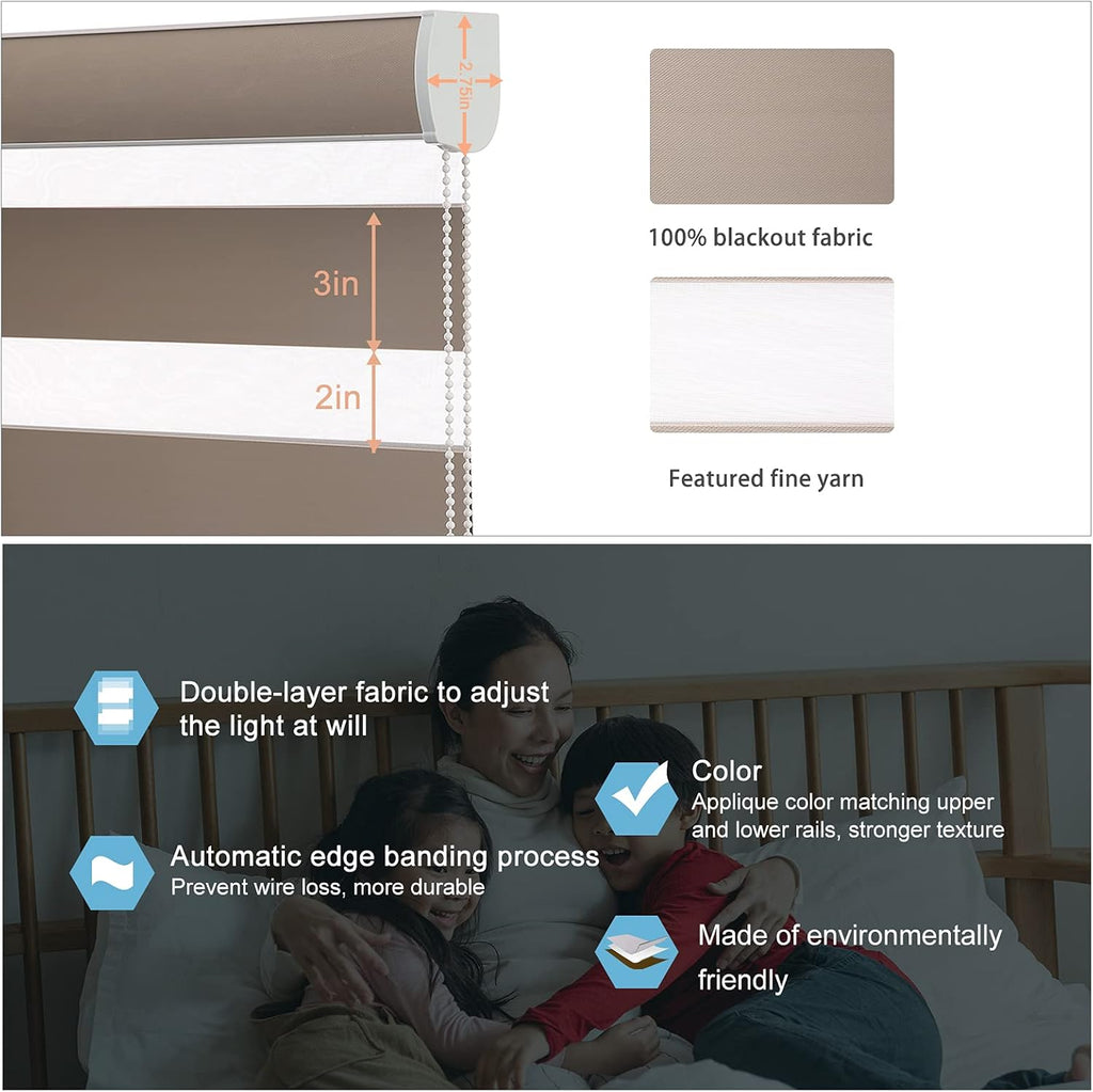 Custom Size Zebra Roller Shades Blackout(85%) Corded Zebra Blinds for Indoor Windows Dual Layer Beige Shades for Bedroom Bathroom Living Room Office Easy to Install