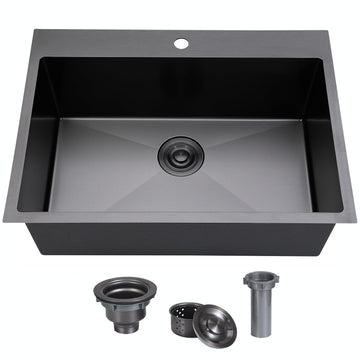 33x22 Black Drop Sink, 33 Inch Large Top Mount Gunmetal Black Farmhouse Sink, Single Bowl Basin 16 Gauge