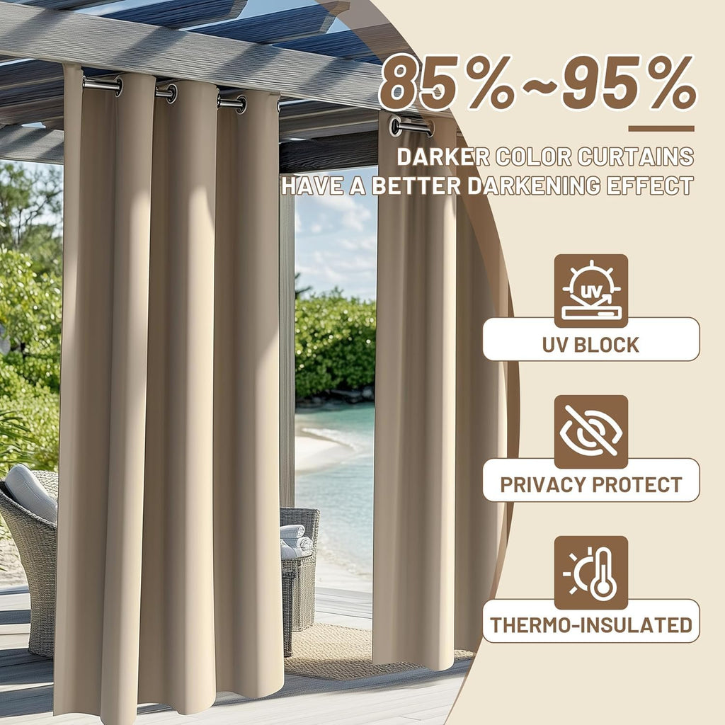 2 Panels Waterproof Outdoor Curtains 300 GSM , Privacy Outside Weatherproof Curtains, Grommets Top for Porch Pergola