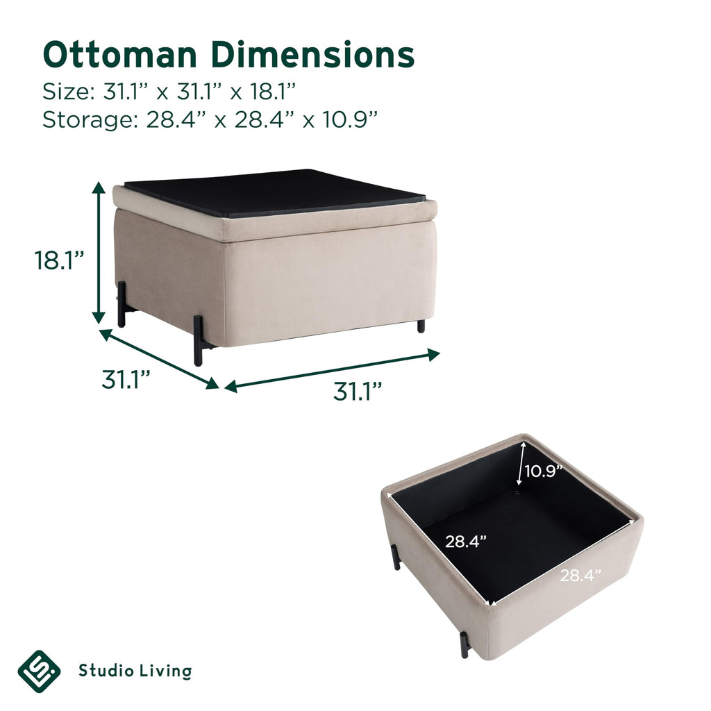 Connor 31.1" Large Storage Ottoman, Modern Boho, Matte Black Metal Legs, Velvet Fabric, Taupe