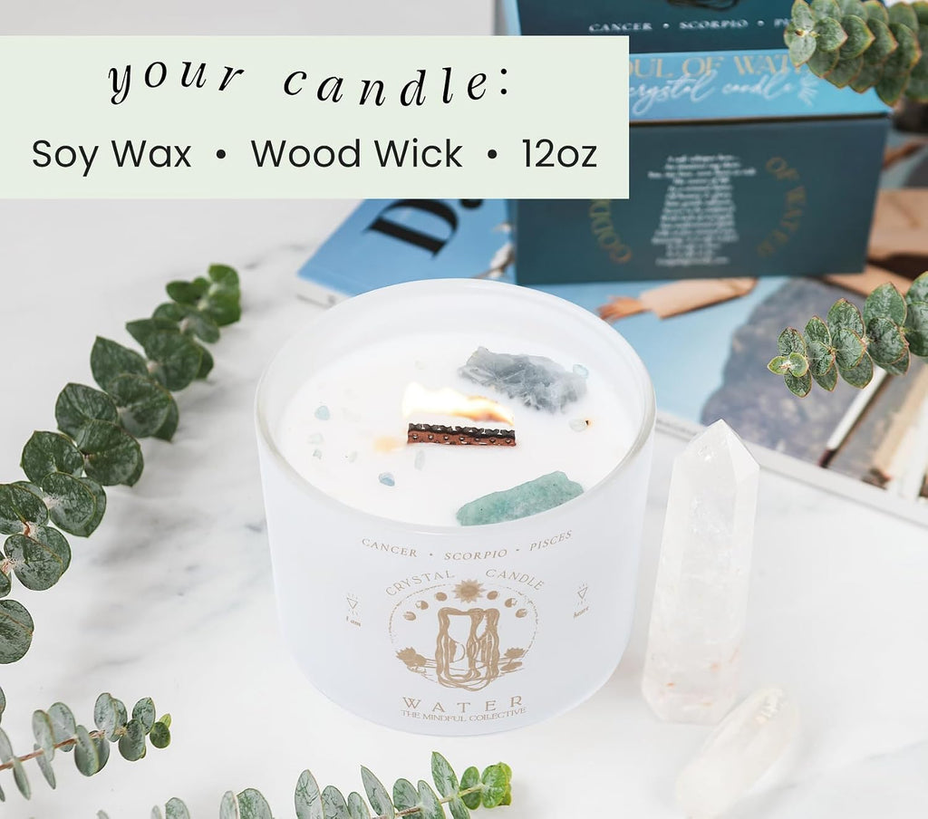Pisces, Cancer, Scorpio Gifts for Women, Wood Wick Crystal Soy Candle | Blue Calcite & Amazonite crystals