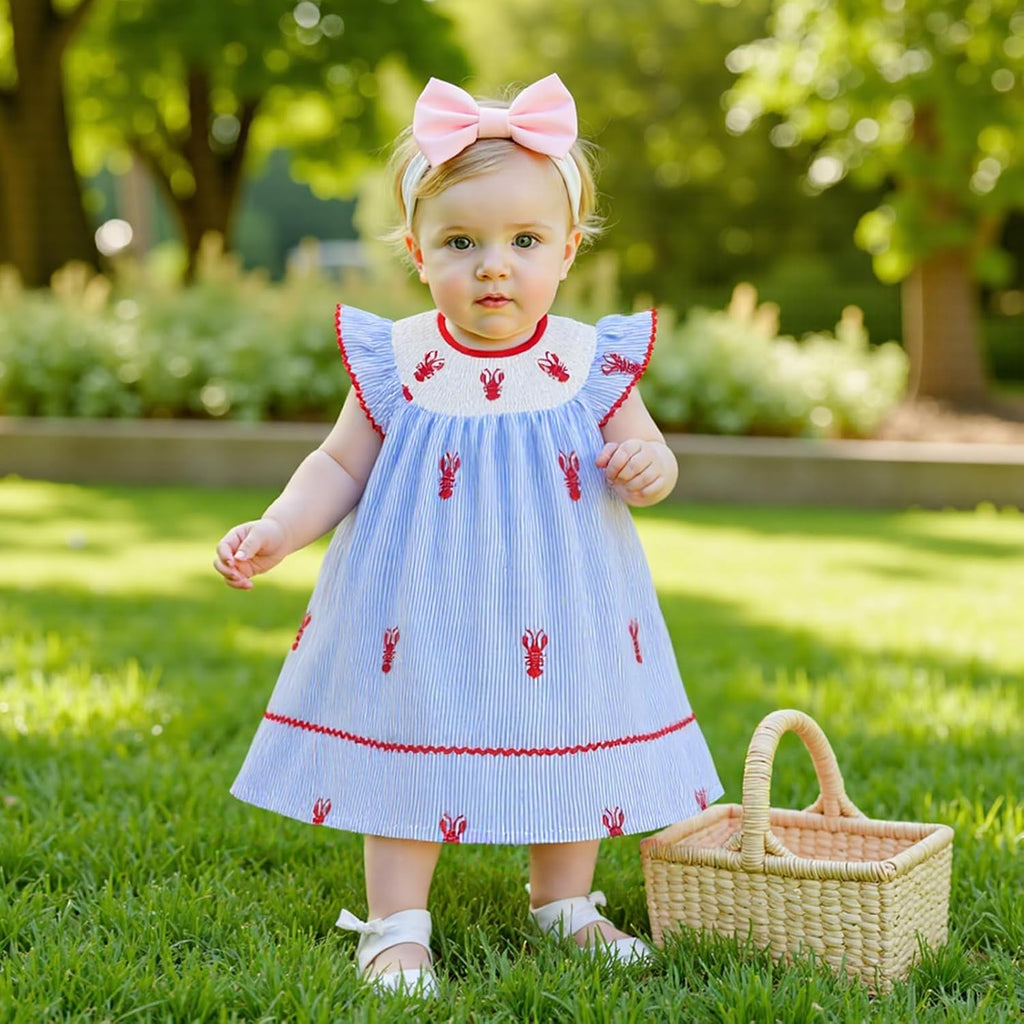 Toddler Baby Girl Crawfish Smocked Short Sleeve Dress Outfits