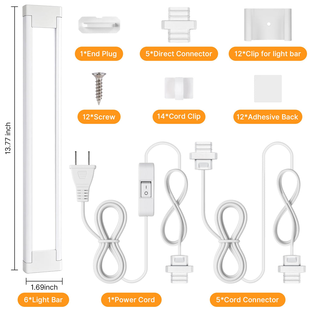 6 Pcs 14inch Plug in Under Cabinet Lighting, 6500k Bright White Linkable LED Under Counter Wired Lights