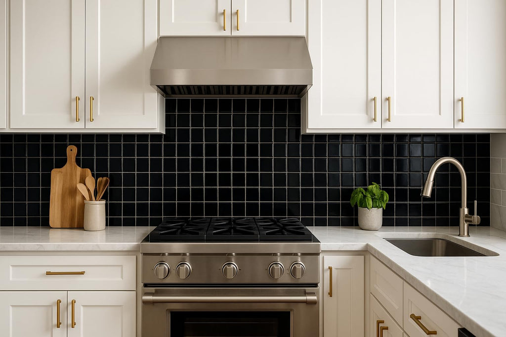 2-Inch Black Porcelain Square Mosaic Tile, Glossy Shiny Finish, Exact 1-15/16 in., Mesh-Mounted 12x12 Sheet