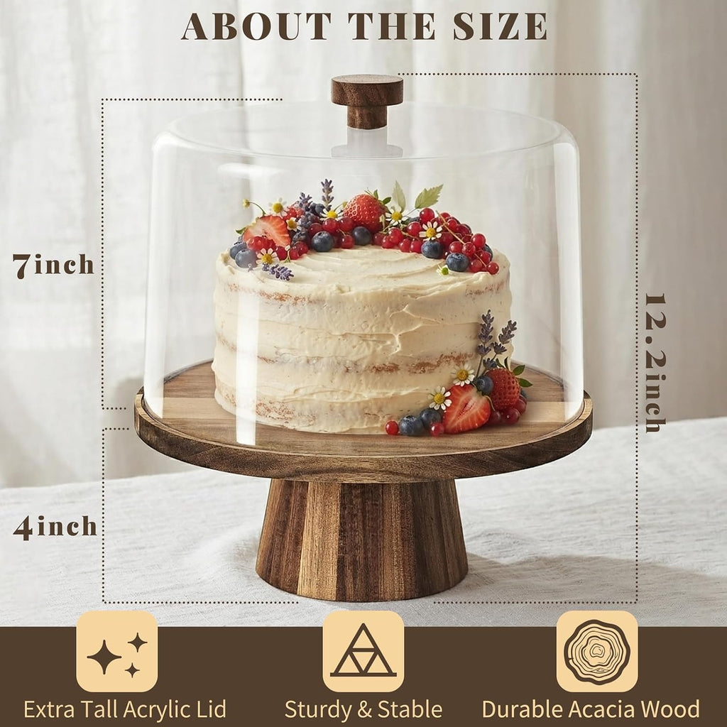 3-in-1 Acacia Wood 11 inch Cake Stand with Tall Acrylic Lid
