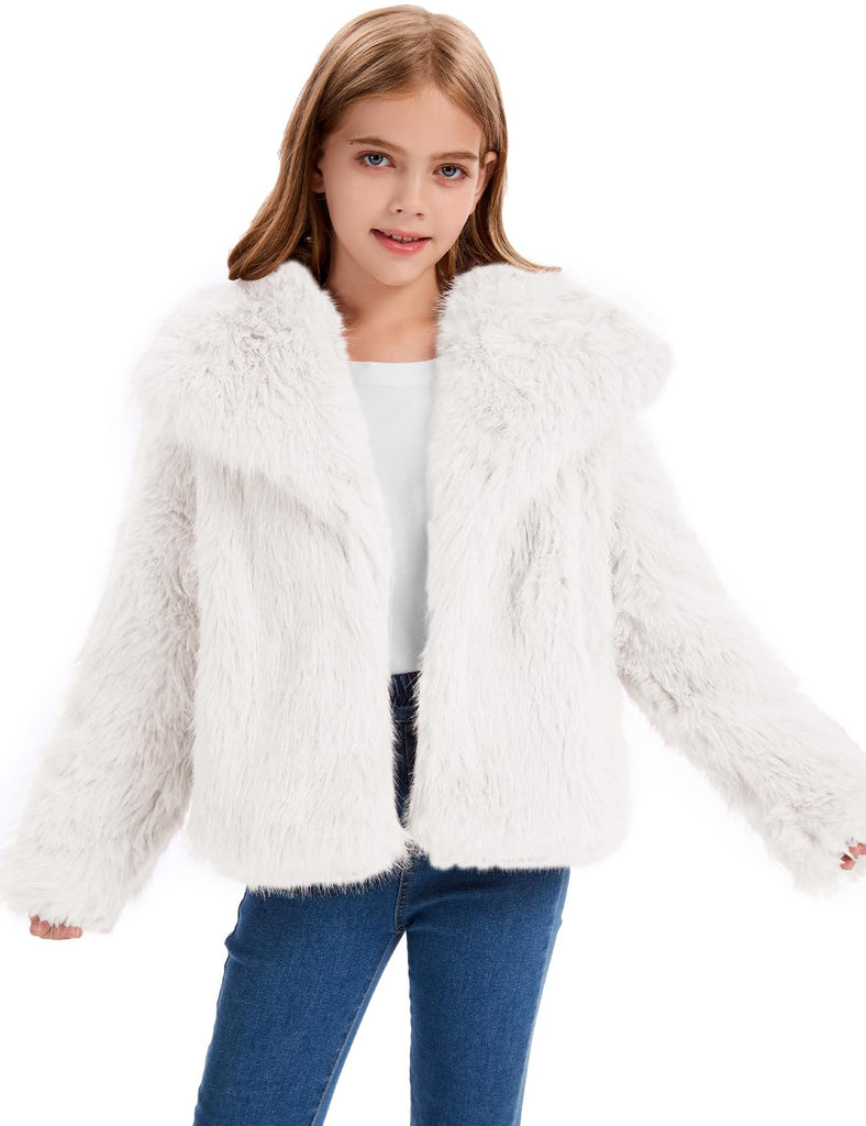 Girls Faux Fur Coat Kids Fluffy Long Sleeve Lapel Collar Open Front Jacket Warm Winter Shaggy Outwear