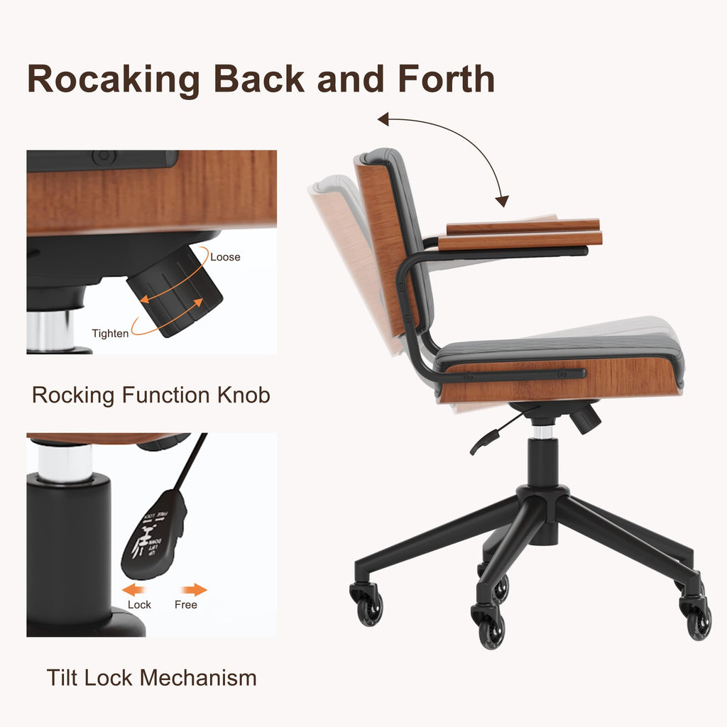 Mid-Century Modern Office Chair with Rubber Wheels & Walnut Arms - PU Leather Mid-Back Desk Chair, Bentwood Backrest