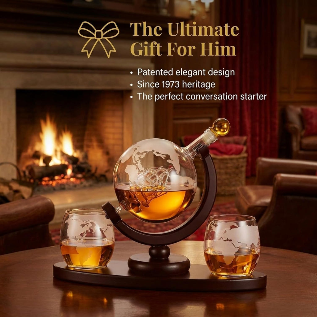 Gifts for Men, Whiskey Decanter Globe Set with 2 Etched Whiskey Glasses - for Liquor Scotch Bourbon Vodka, Gifts