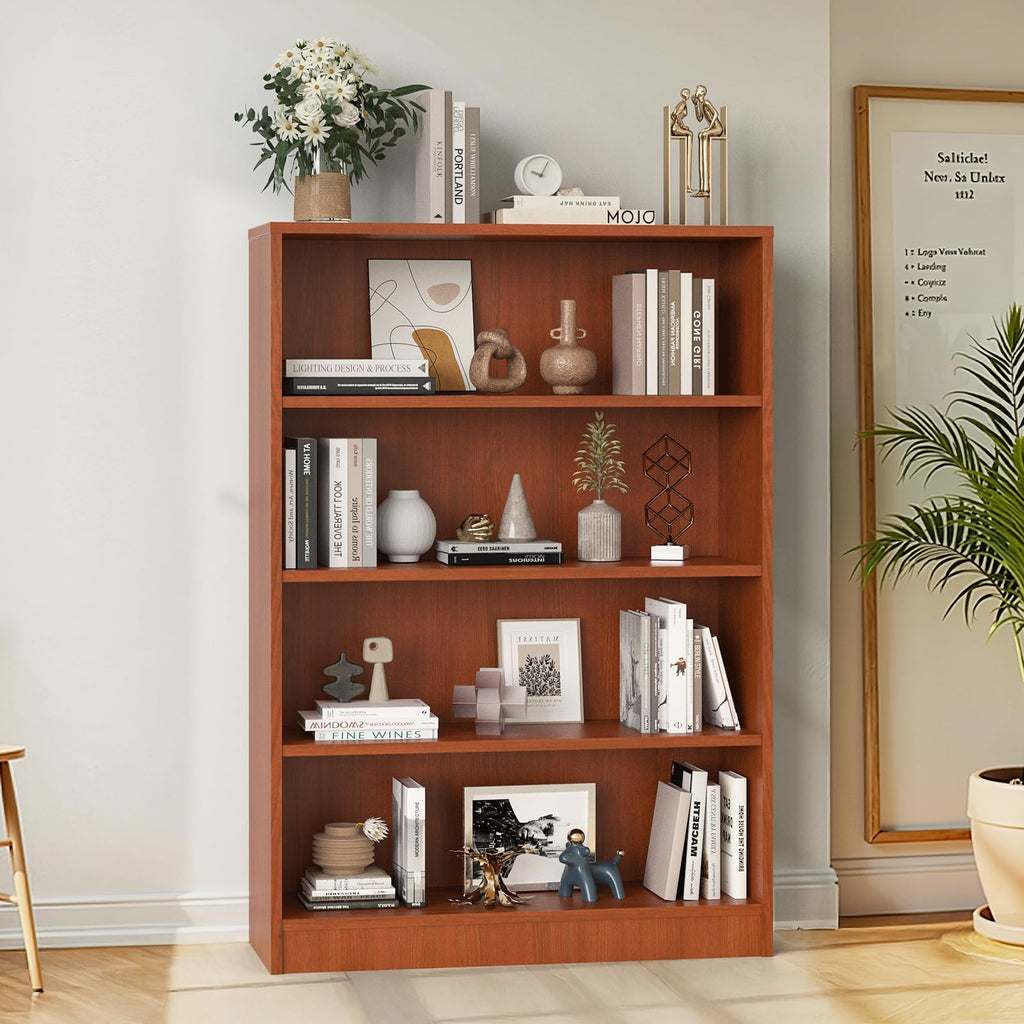 48 Inch Tall 4-Shelf Bookcase, Wood Bookshelf Storage Organizer Adjustable Shelf, Study Room, Easy Assembly, Cherry