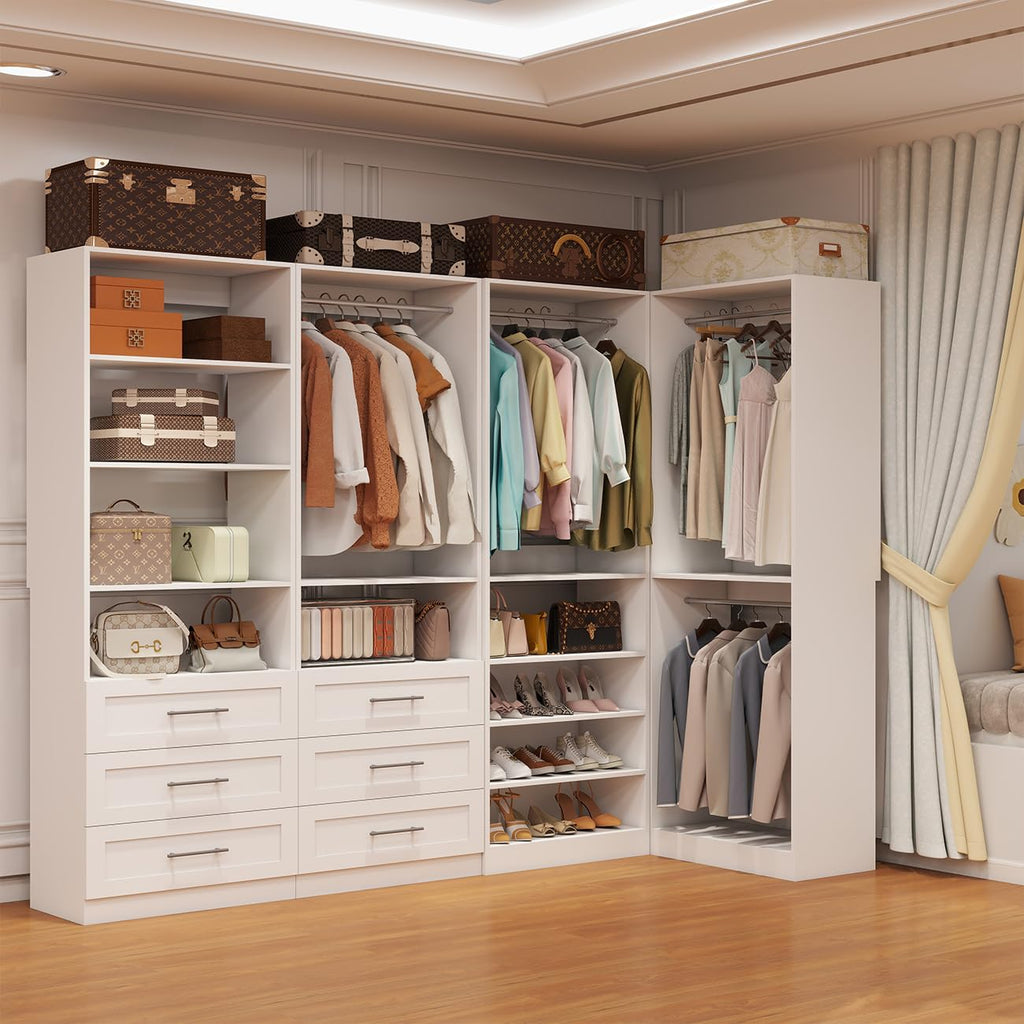 Closet System with 4 Sets, 8-21FT Closet Organizer Systems with 6 Drawers & 8 Hanging Rods & Adjustable Shelves, Walk