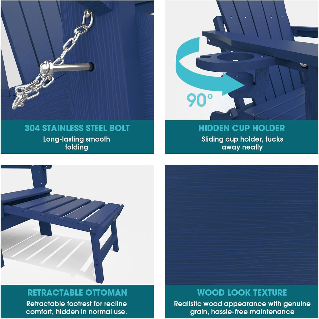Folding Adirondack Chairs Set of 2, Outdoor Patio Fire Pit Chairs | Adjustable HDPE Chairs with Footrest, Retractable