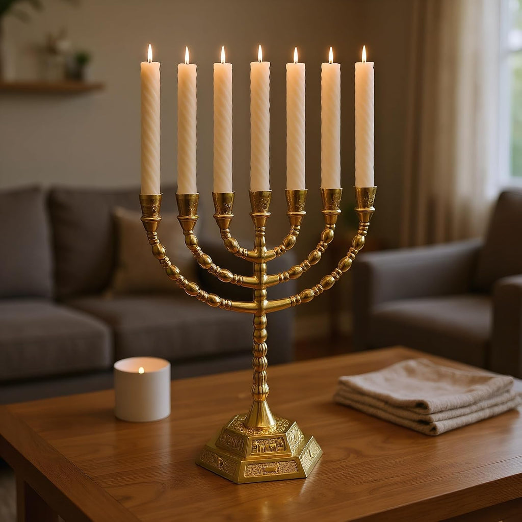 Large 7 Branch Hanukkah Gold Plated Jewish Menorahs Candle Holder