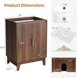 24-Inch Mid-Century Modern Bathroom Vanity with Sink – Fluted Soft-Close Doors, U-Shape Storage Shelf, Freestanding Cabinet, Walnut