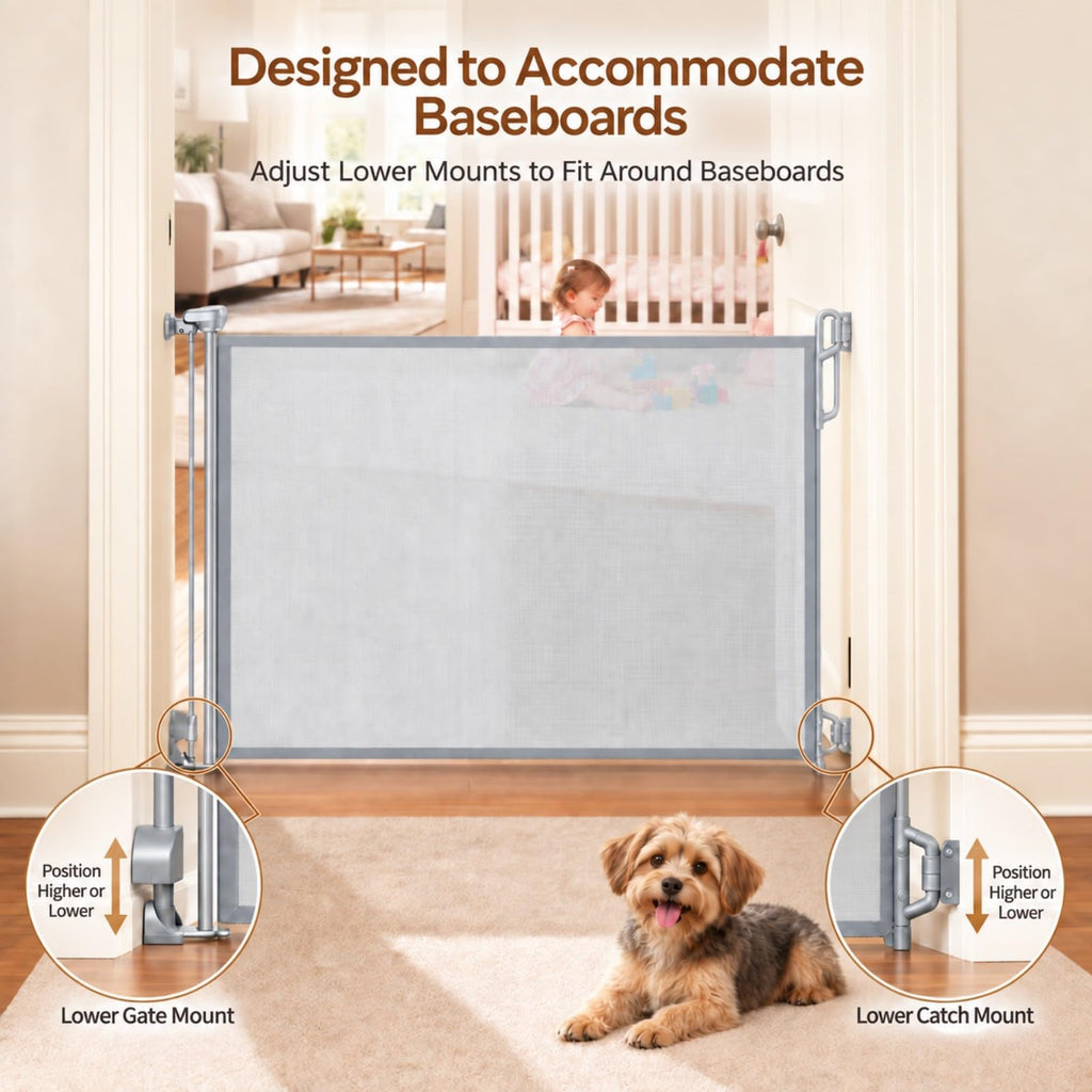 Retractable Baby Gate, 55" Wide Mesh Gate, Gray
