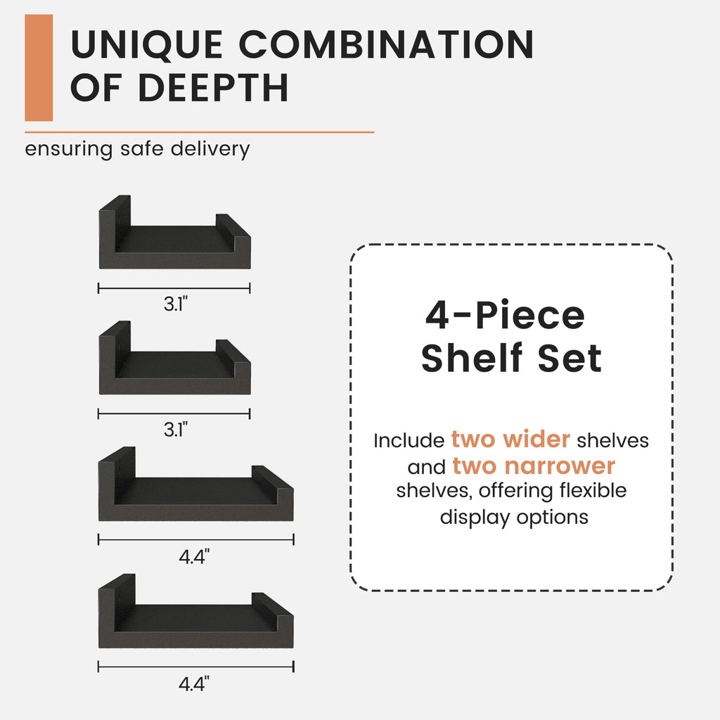 Floating Picture Ledge Shelves for Wall Set of 4, 48" W, Black