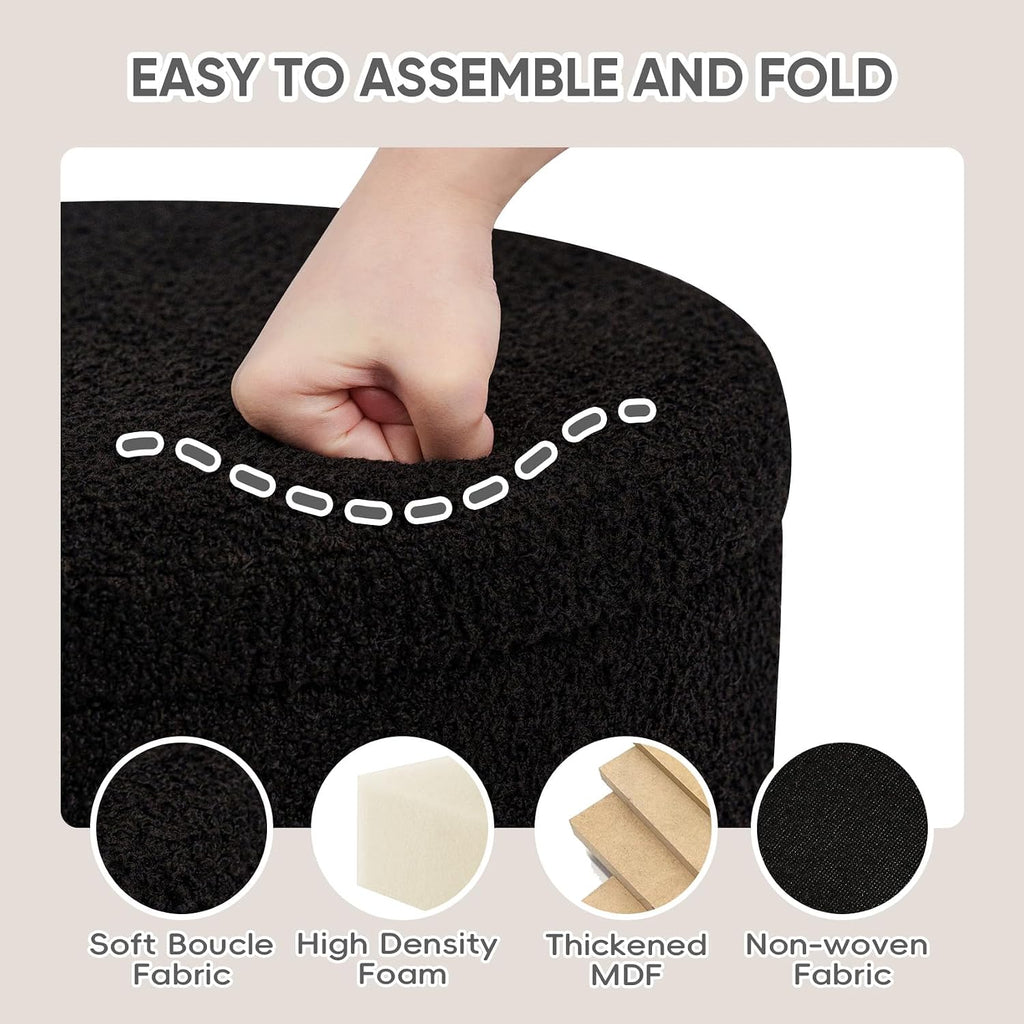 Round Storage Ottoman Foot Rest Stool with Tray Velvet Sherpa Folding Storage Ottoman,Boucle Foot Rest ,Black Color