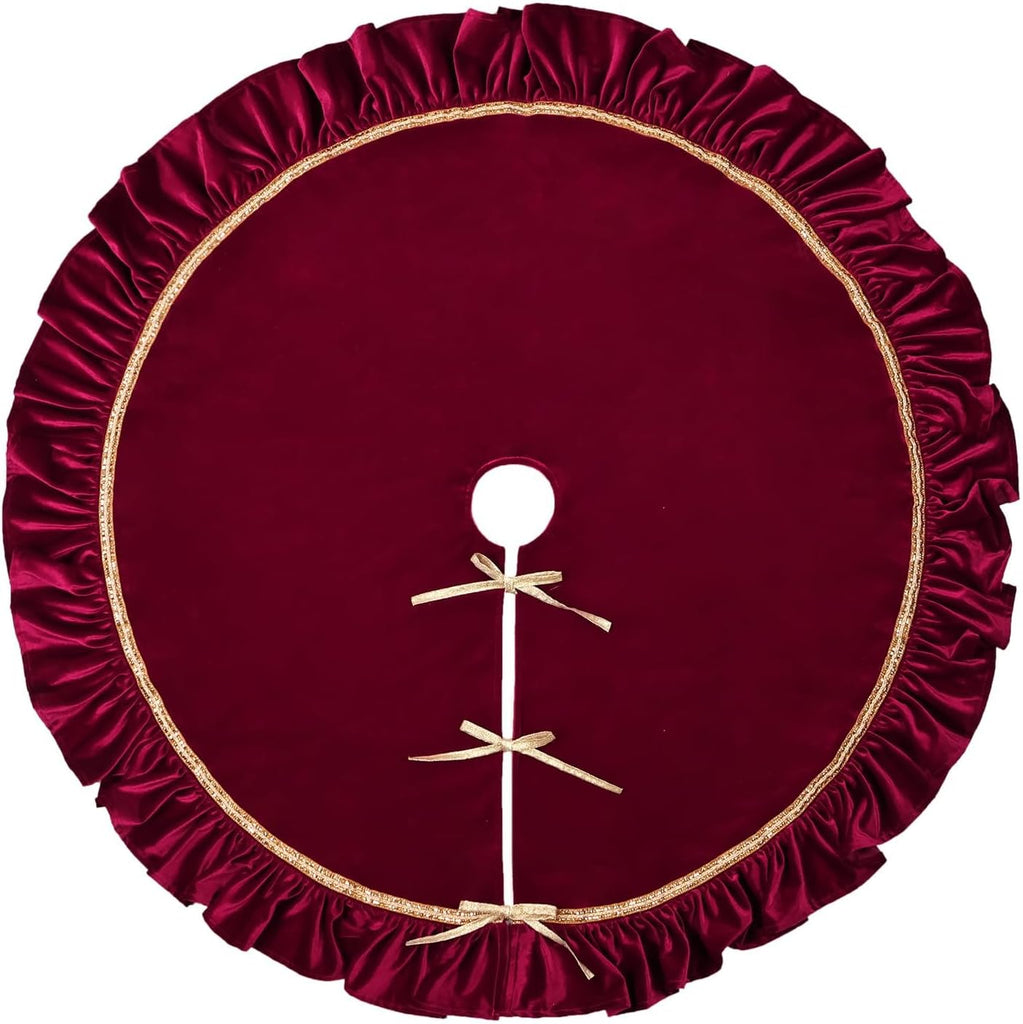 Christmas Tree Skirt: 48 Inch Large Luxury Wine Red Velvet Plush Fur Ruffled Christmas Tree Skirts with Gold Trim