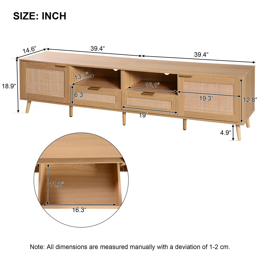 Rattan TV Stand for 85''+ TV, Mid Century Modern Entertainment Center with Rattan Decor Doors, Wood TV Console with 2