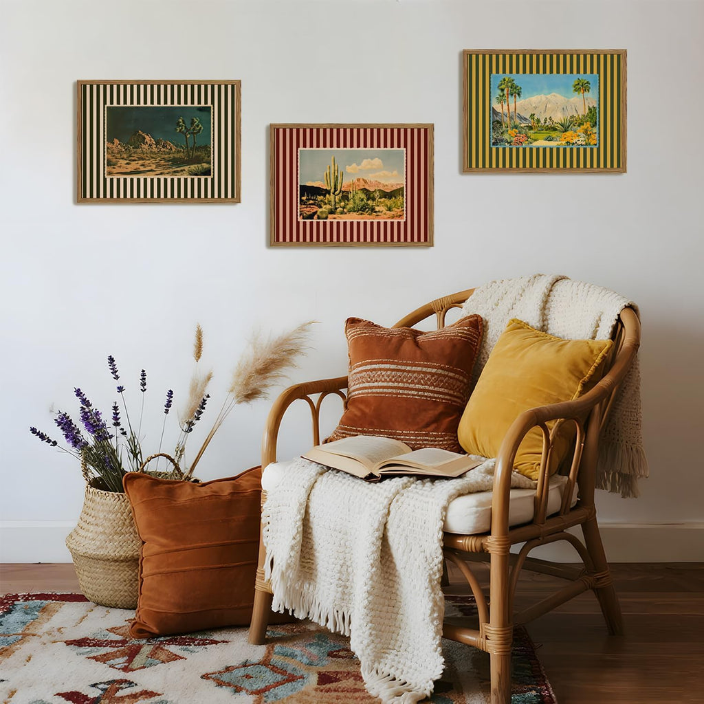 Framed Vintage Western Nature Landscape Wall Art Set of 3, Striped Postcards Southwest Desert Cactus Pictures Wall