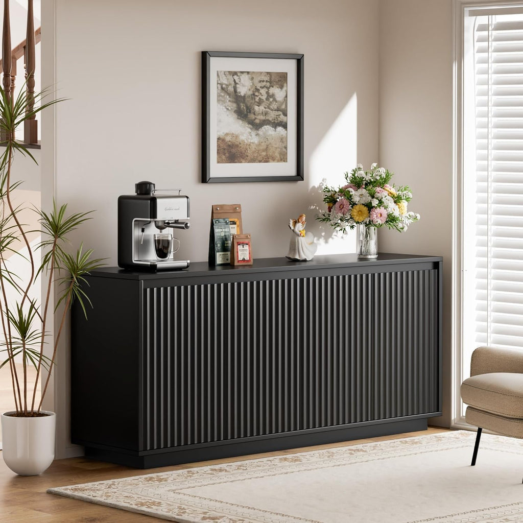 63" Fluted Buffet Cabinet Sideboard with Storage Credenza 4 Doors Wood Modern Accent Coffee Bar Console Table