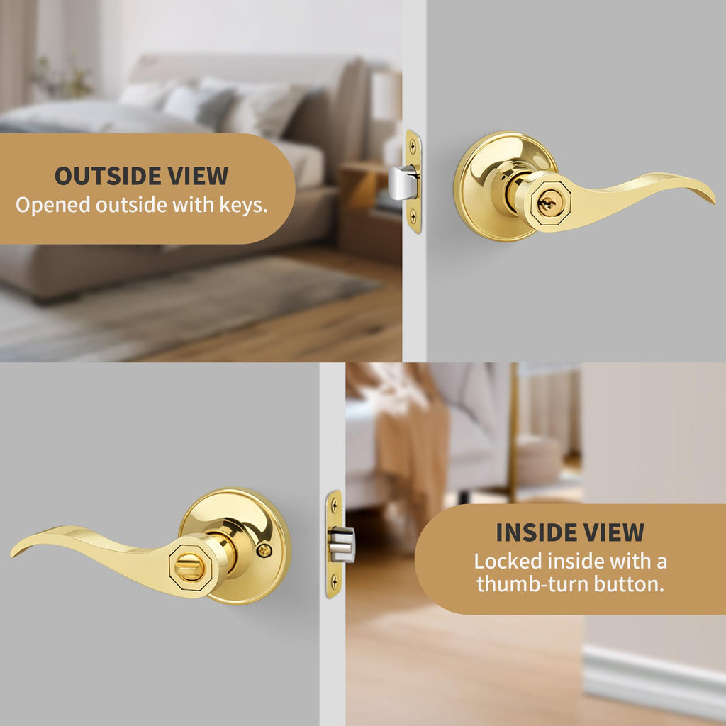 Wave Style Entry Door Handle with Keys, Keyed Door Lever with Lock for Front/Entrance in Polished Brass Finish