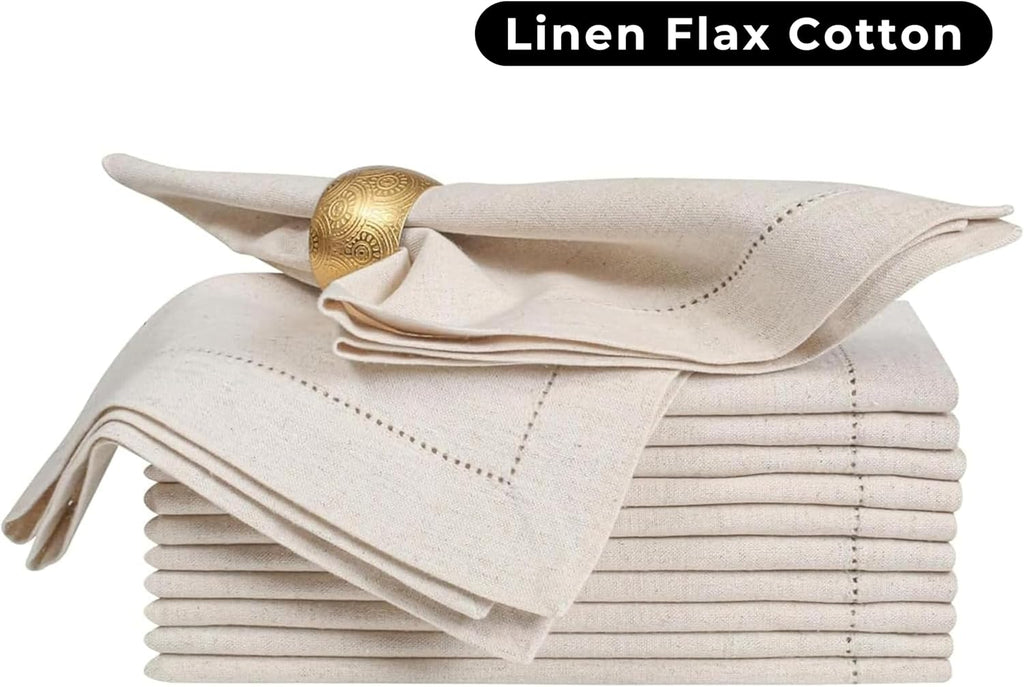 Linen Cotton Cloth Dinner Napkins, 20x20, Set of 12 | Flax cotton blend, hemstitched mitered corners, machine