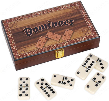 Classic Double 6 Dominoes Set, Wooden Storage Case with Decorative Design, 28 Black Dot Tiles, White Pieces - Set of 28