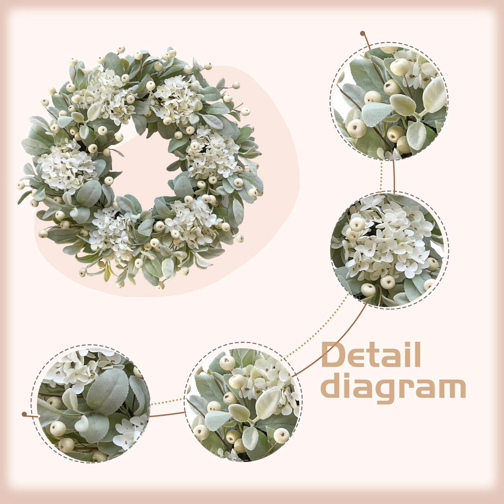 22 Inch Lambs Ears Leaves Everyday Wreath with Ivory Hydrangea and Cream Berries, Spring Summer Greenery Wreath with
