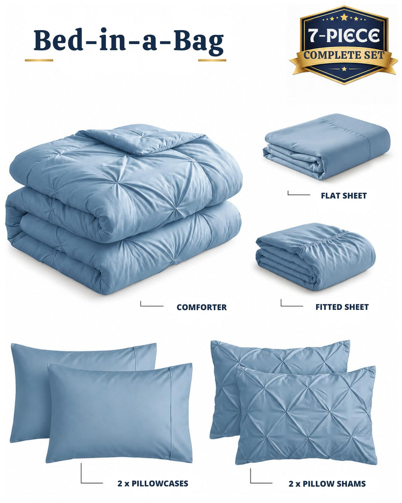 California King Comforter Set, 7 Pc Bed in a Bag - French Blue