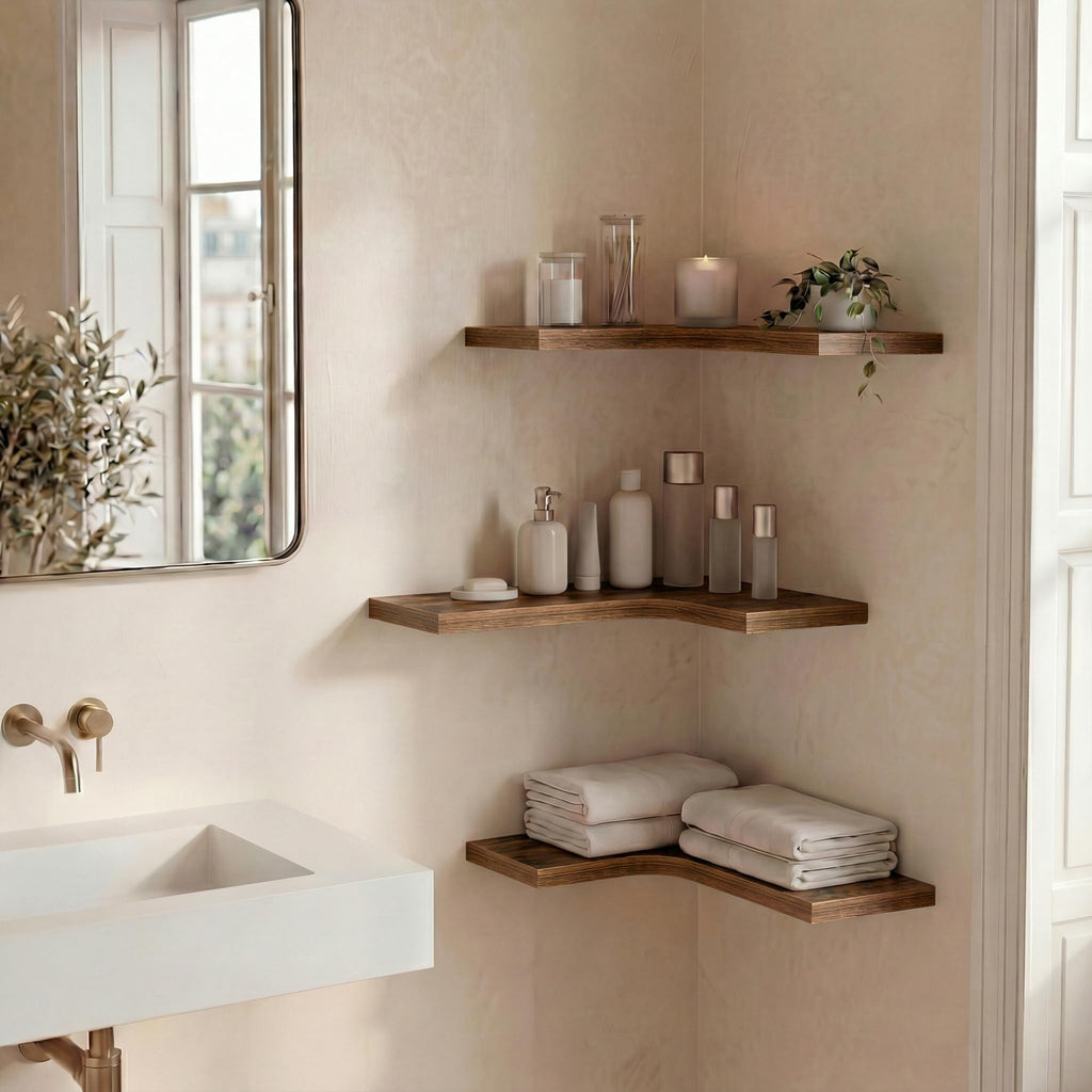 Corner Floating Shelves for Wall Mounted L-Shaped Wood Corner Wall Shelf, Hanging Shelf Decor, Set of 3 (Brown)