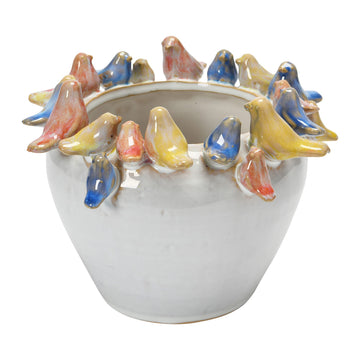 Stoneware Planter with Birds on Rim, Reactive Glaze